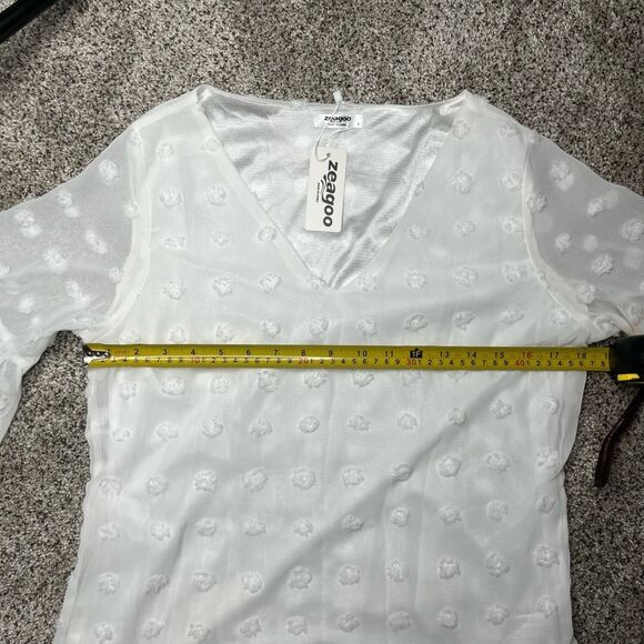 NWT Swiss Dot Chiffon 3/4 Ruffle Sleeve Blouse - Zeagoo Size Small #83 - Picture 6 of 13